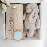 Gift set with a plush bunny and blanket in a box, featuring the name 'Eddie'.