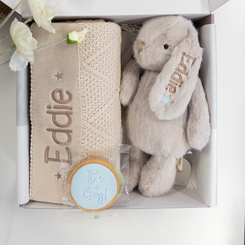 Gift set with a plush bunny and blanket in a box, featuring the name 'Eddie'.