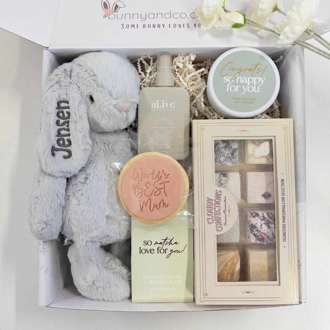 Newborn baby gift hamper Perth Australia containing personalised bunny rabbit toy and treats for new mum