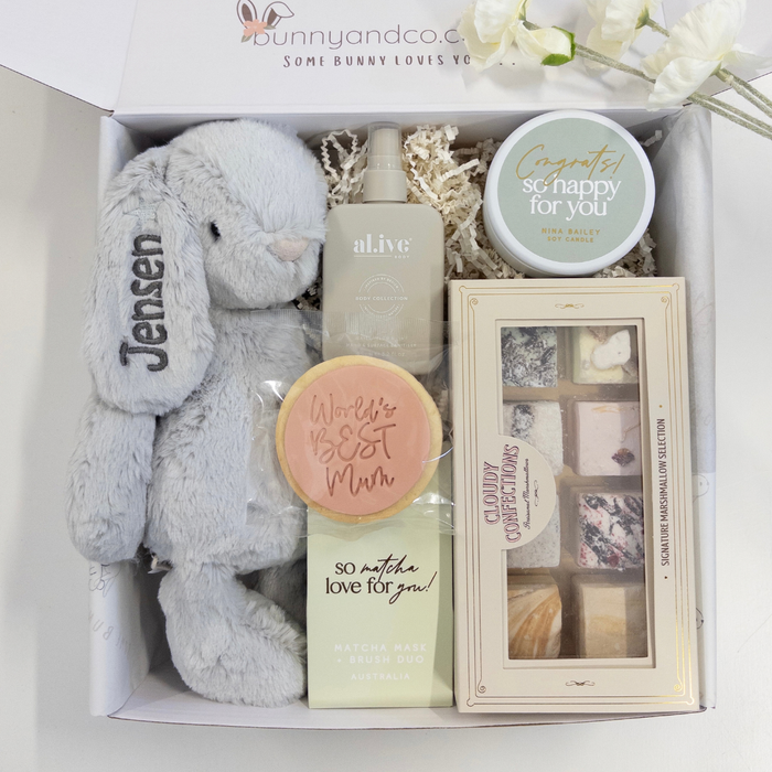 Newborn baby gift hamper Perth Australia containing personalised bunny rabbit toy and treats for new mum