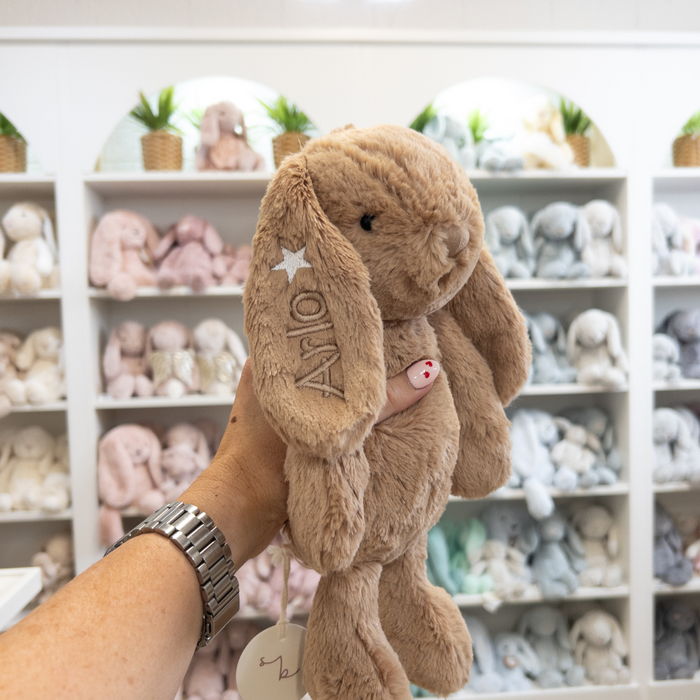 Personalised Bunny Rabbit teddy caramel brown snuggle bunnies in front of rainbow bunny wall