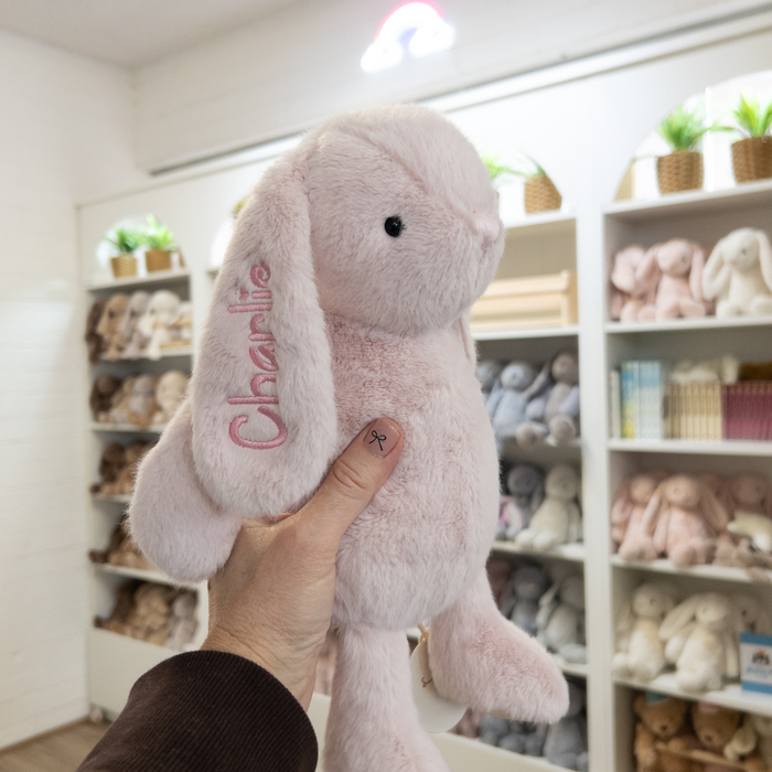 Pink plush personalised bunny held in a hand with 'Charlie' embroidered engraved on ear, against a background of rainbow shelves filled with more bunny rabbit toys
