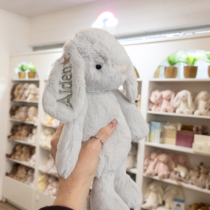 Personalised silver plush bunny bear rabbit toy with name on ear. Personalised gift for 1 year old baby toddler Australia
