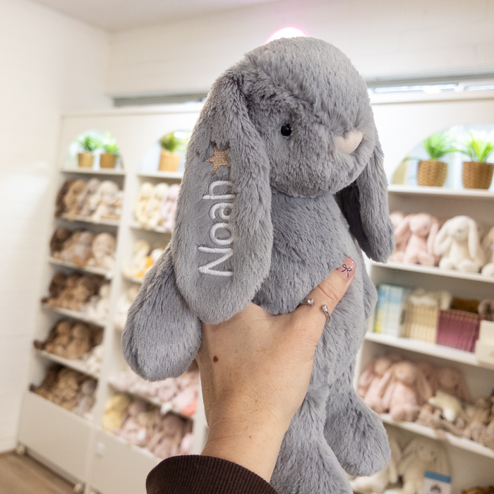 Personalised bunny plush teddy toy Australia with custom name engraved on ear. Personalised infant baby gift