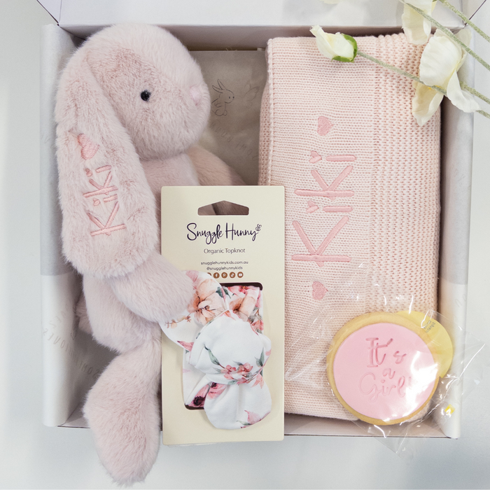 Infant Gift set with personalised pink snuggle bunnies bunny, personalised baby blanket, and accessories in a box
