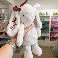 Personalised Jamie Kay Snuggle Bunnies bunny rabbit with name personalized on ear and red bow on ear