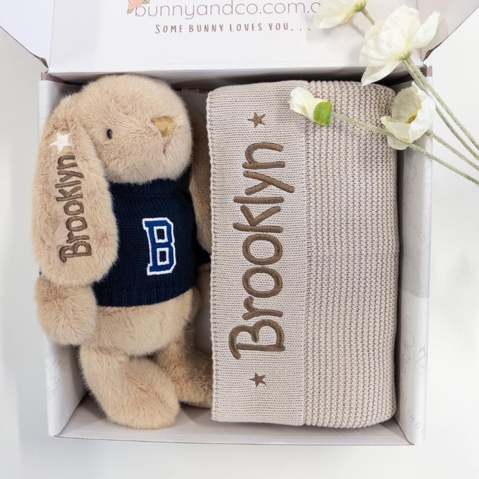 Plush personalised bunny toy and blanket with 'Brooklyn' embroidery in a gift box, featuring Bunnyandco.com branding.