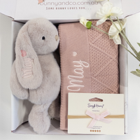 Gift set with plush bunny, baby blanket, and card in a box, featuring 'bunnyandco.com.au' branding.