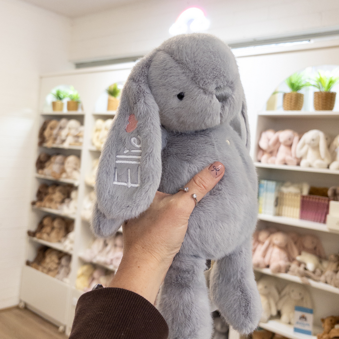 Grey plush personalised bunny teddy with custom name on ear. Jamie Kay Snuggle Bunnies in silver grey personalised baby toddler gift Australia