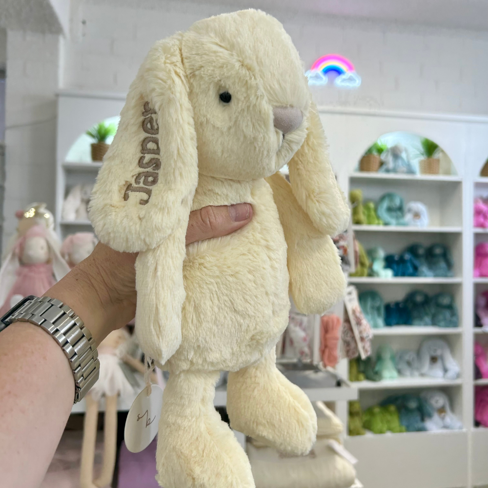 Yellow plush bunny rabbit personalized with name on ear