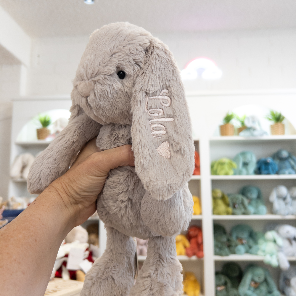 Personalised beige bunny rabbit plush toy with name embroidered on ear Australia baby gift