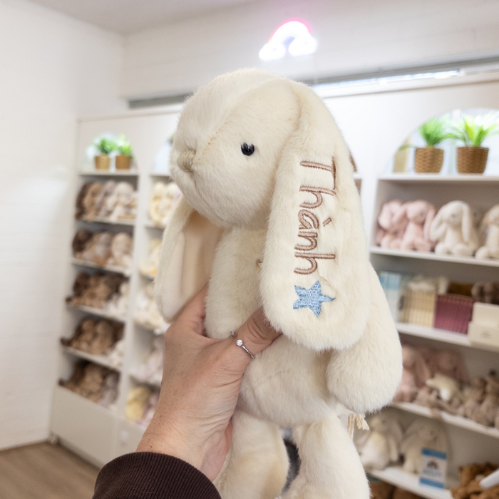Yellow plush personalised bunny bear with embroidered custom name engraved on ear. Jamie Kay Snuggle Bunnies sunshine yellow personalised gift australia