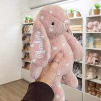 Pink plush bunny with white polka dot love hearts. Personalised bunny rabbit australia custom infant baby gift