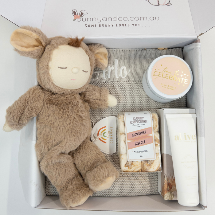 Newborn baby gift set with personalised baby blanket, al.ive skincare, Cozy Dinkums doll, Nina Bailey candle and Cloudy Confections Marshmallows