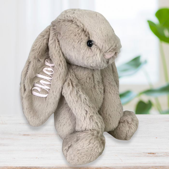 Personalised beige Jellycat bunny with name on ear. Jellycat perth Australia