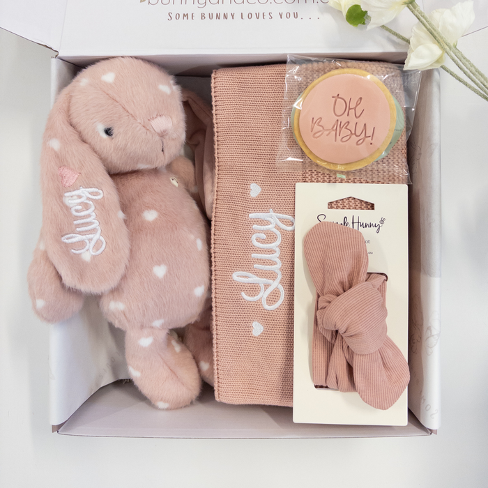 Baby gift set with personalised plush bunny rabbit teddy,baby blanket, and headbands in a box.