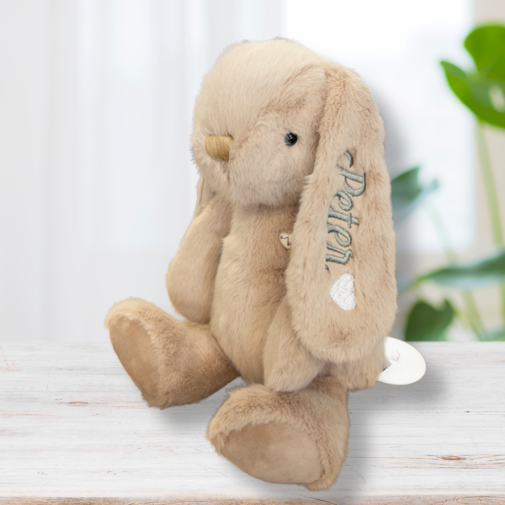 Personalised bunny teddy with name on ear Jamie Kay Snuggle Bunnies caramel brown