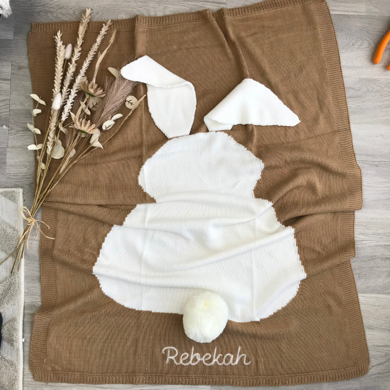 Personalised 100% Cotton Knit Baby Blanket - Beige & White Bunny