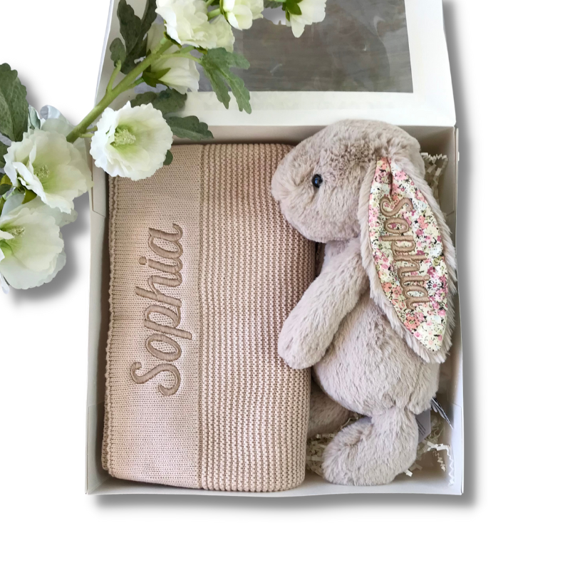 Personalised bea beige blossom jellycat bunny and light beige knit blanket newborn baby gift hamper box set Australia