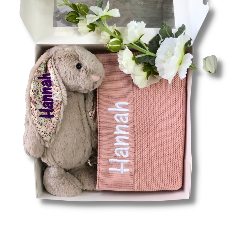 Personalised Bea Beige Blossom Jellycat Bunny & Pink Blanket Gift Set