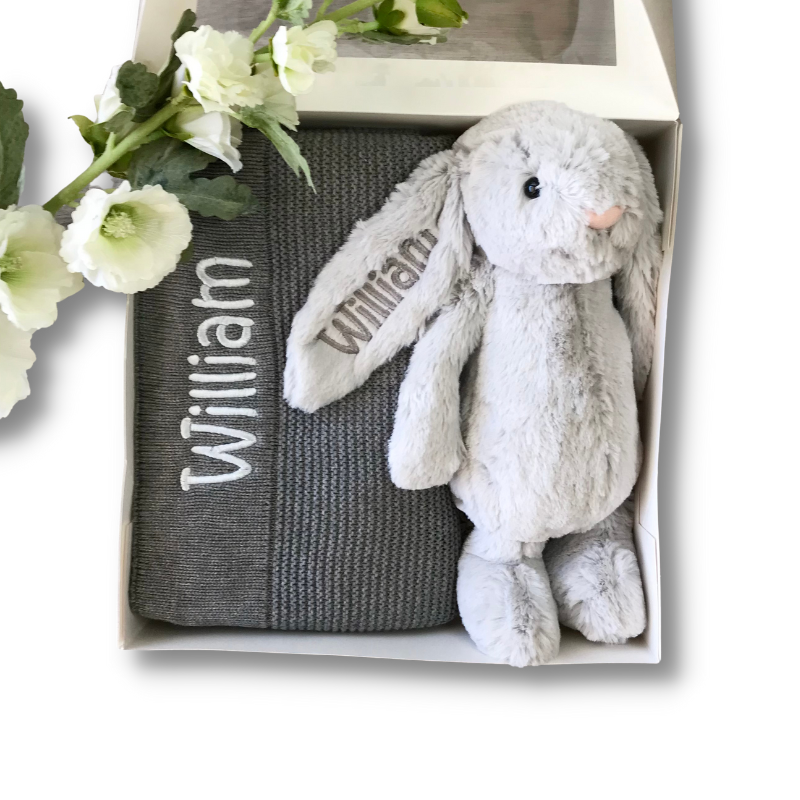 Personalised Silver Jellycat Bunny Grey Knit Blanket Newborn Baby Gift hamper box