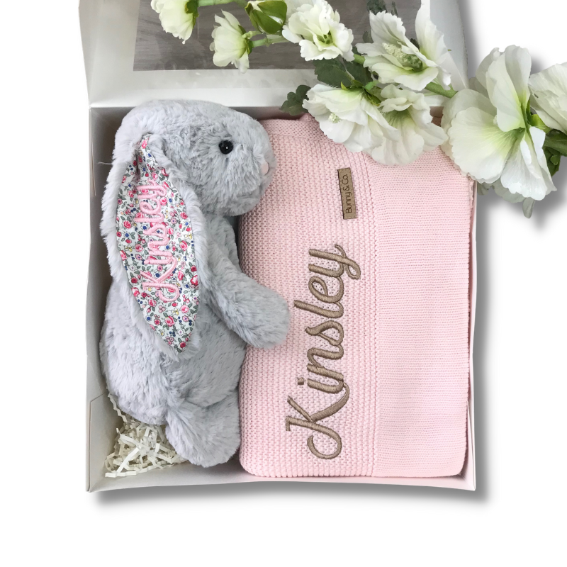 Medium Silver Blossom Jellycat Bunny personalised pink knit baby blanket Australia gift hamper 
