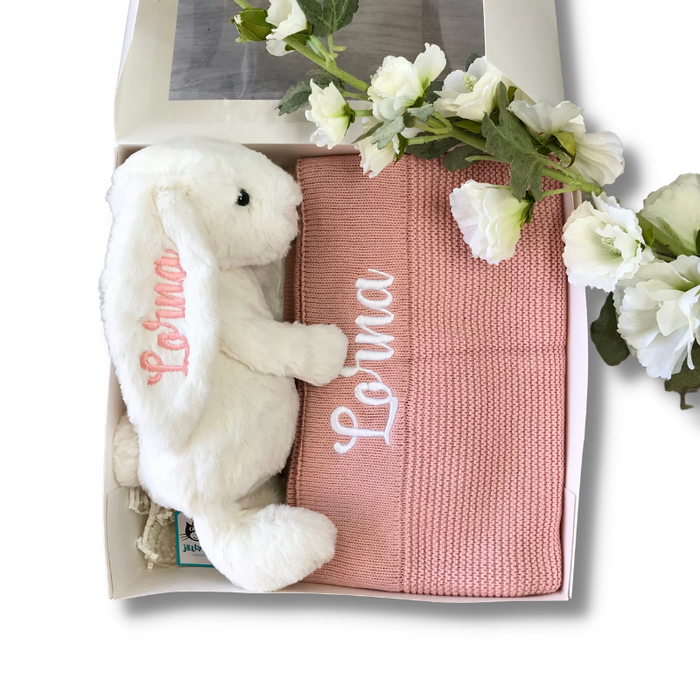 Personalised Cream Jellycat Bunny & Pink Blanket Gift Set