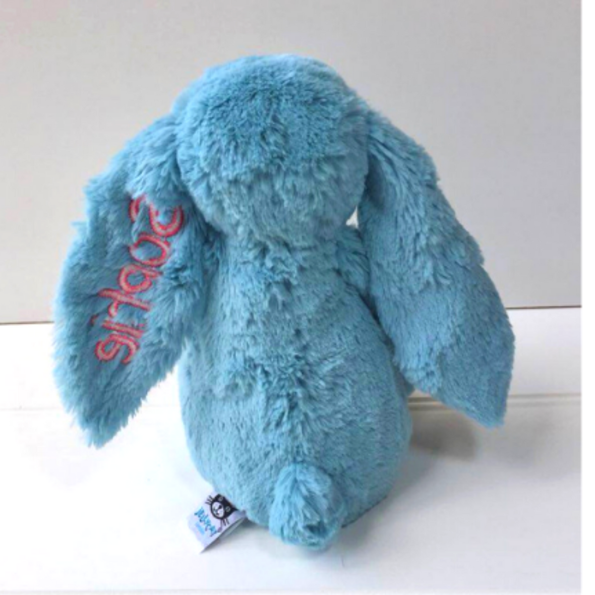Personalised jellycat bunny aqua blossom blue back of bunnyr