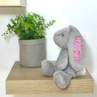 Personalised bunny, small grey korimco bunny with pink name on ear