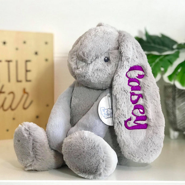 Large Grey Personalised Bunny Australia, purple name on ear