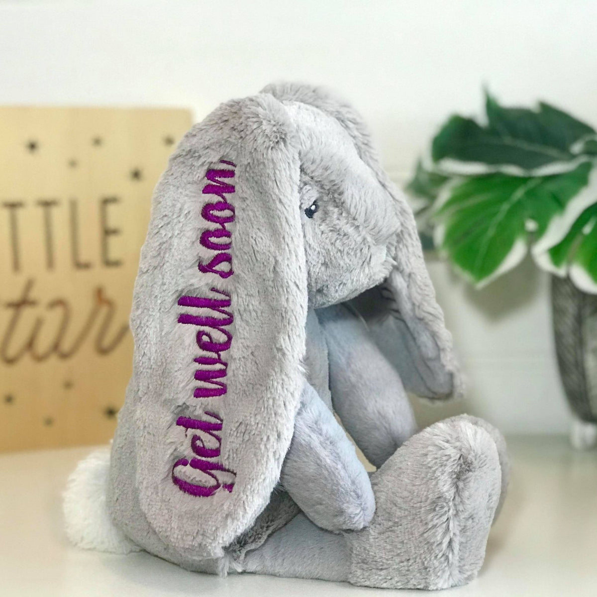 Large Grey Personalised Bunny Australia, purple name on ear, get well soon, hospital gift