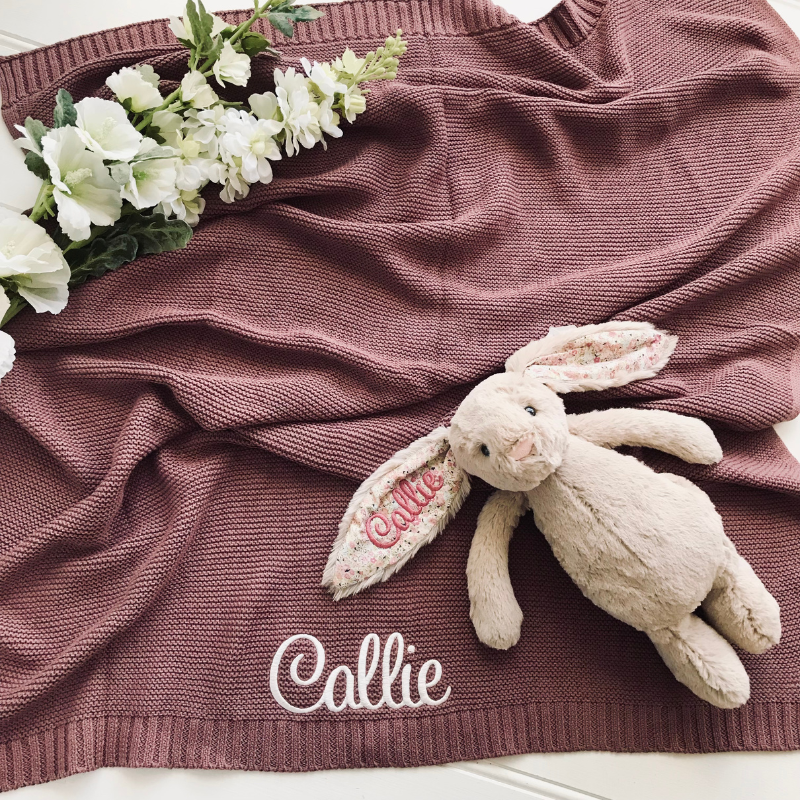 personalised Bea Beige Blossom Jellycat Bunny & cotton knit blanket newborn gift hamper