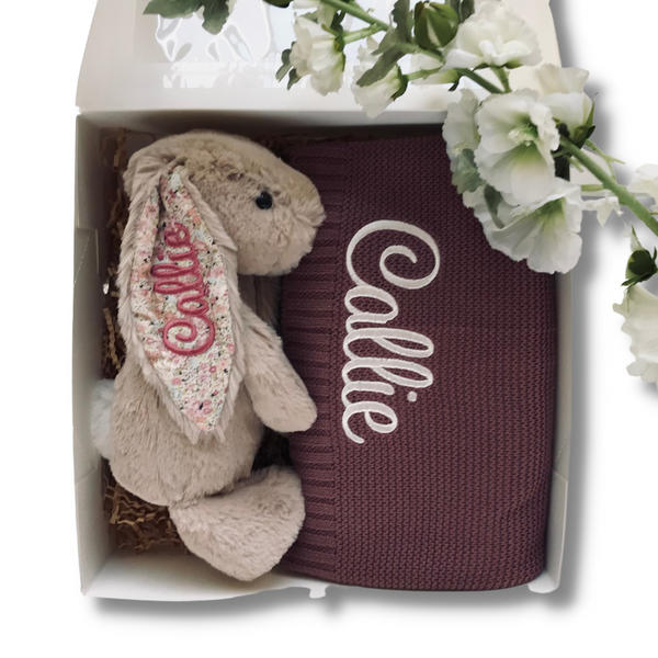 personalised Bea Beige Blossom Jellycat Bunny & cotton knit blanket newborn gift hamper
