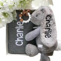 Personalised Grey Bunny & Blanket Newborn Gift Hamper Australia