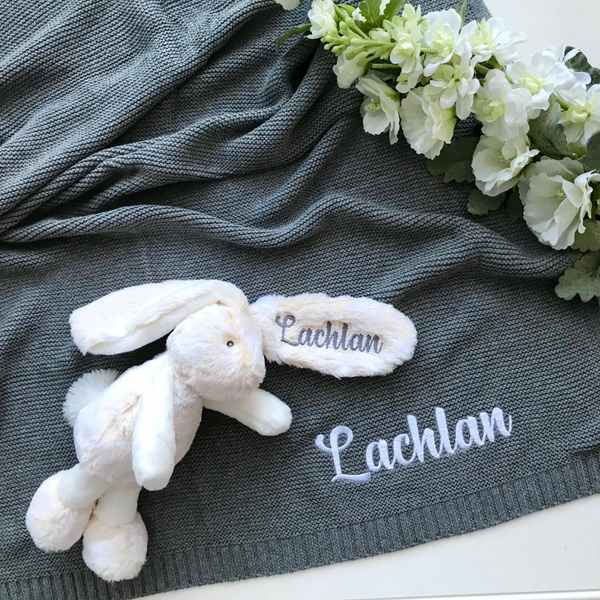 Personalised Cream Bunny and Grey Knit Blanket Gift Hamper Australia