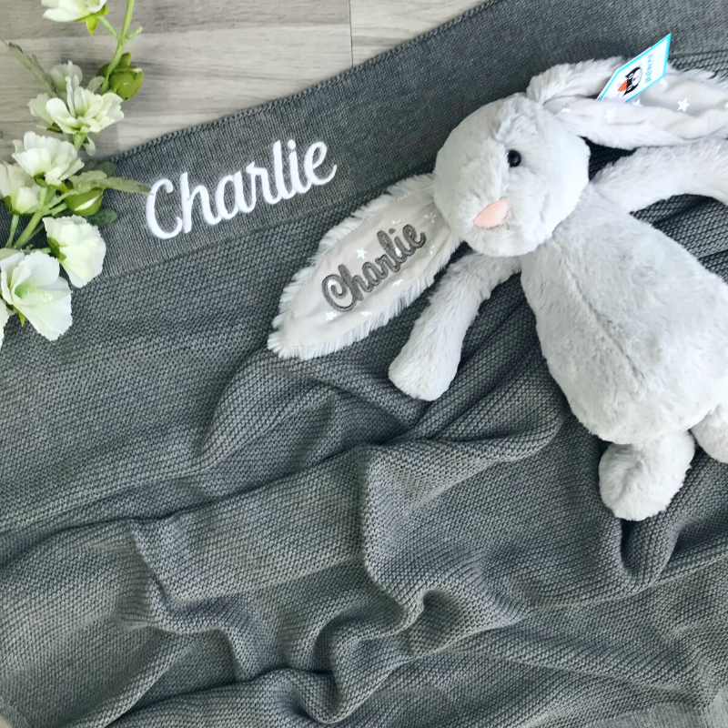 Personalised grey baby blanket hotsell