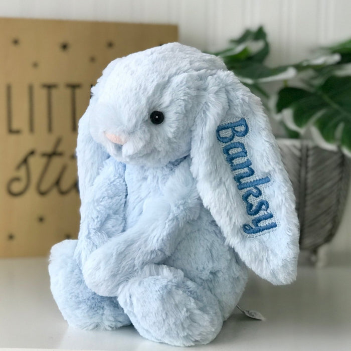 Personalised Blue Jellycat Easter Bunny Australia NZ Name Embroidered on Ear