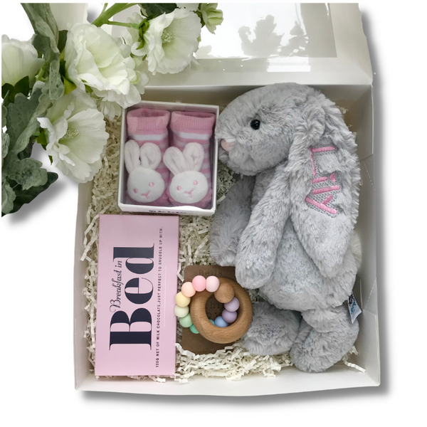 Personalised silver jellycat bunny gift hamper for baby girl