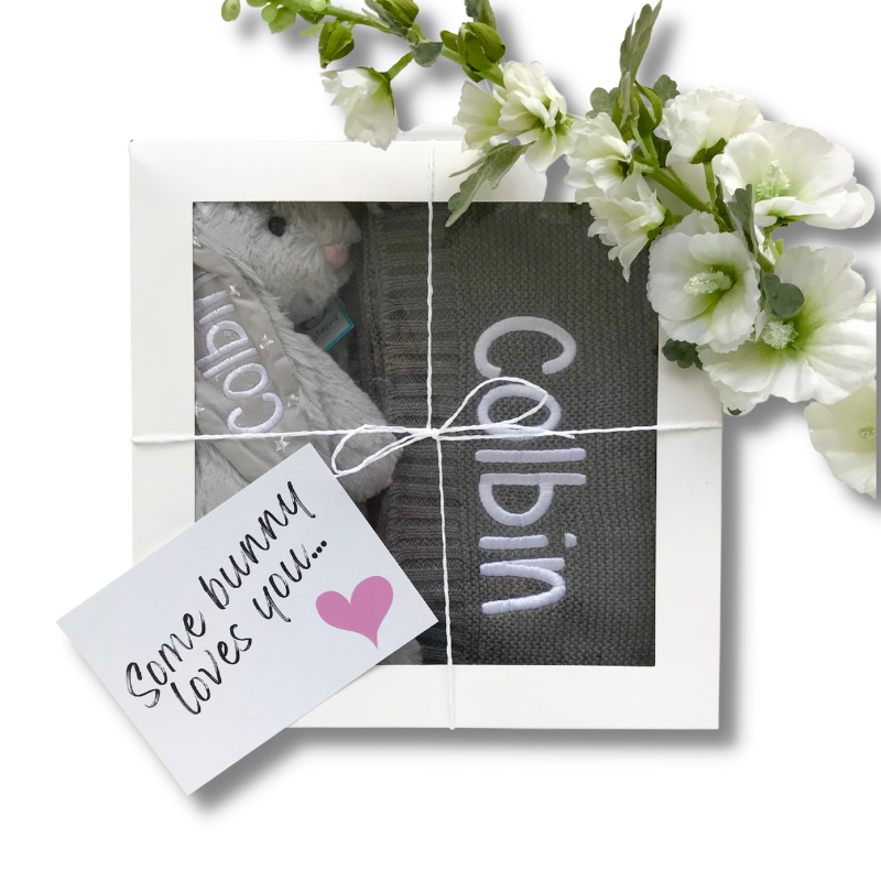 Personalised Silver Jellycat Bunny & Grey Blanket Gift Hamper