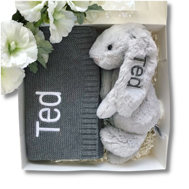 Personalised Silver Jellycat Bunny & Grey Blanket Gift Hamper