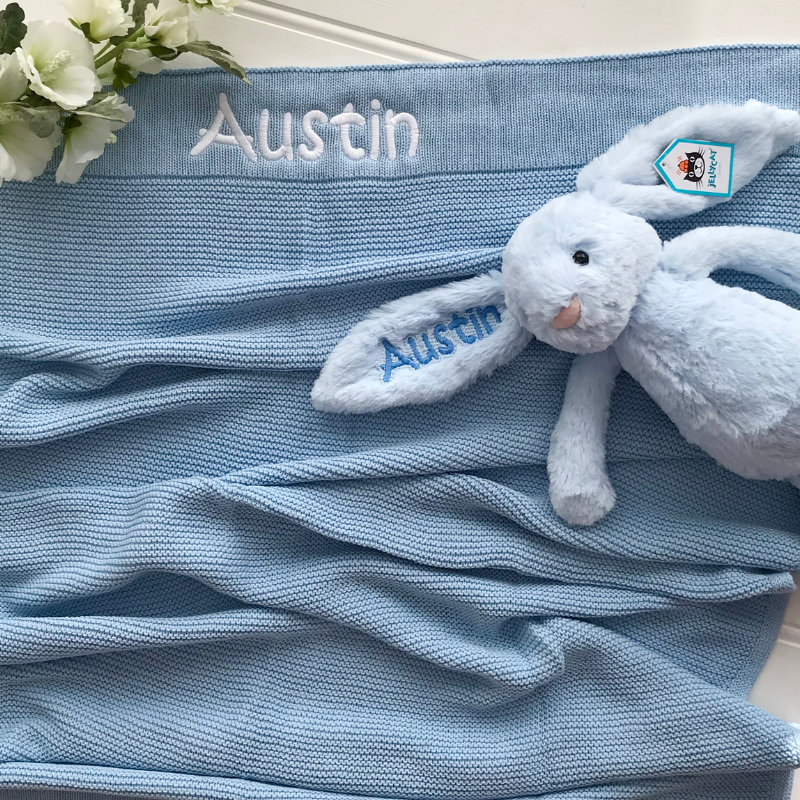 personalised blue jellycat bunny blue knit blanket baby hamper Australia