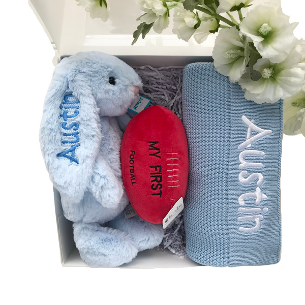 personalised blue jellycat bunny blue knit blanket and first football toy baby hamper Australia