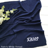Personalised baby blanket navy blue Australia name embroidered
