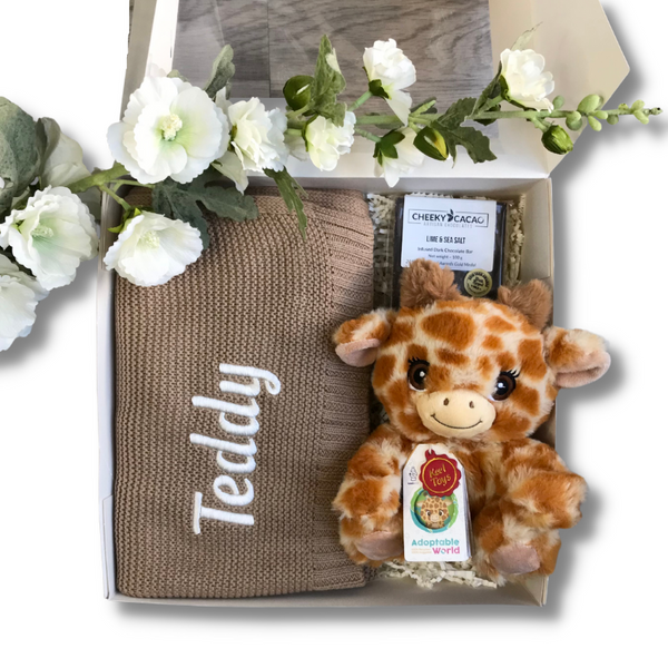 Personalised beige blanket and giraffe toy baby gift hamper Australia