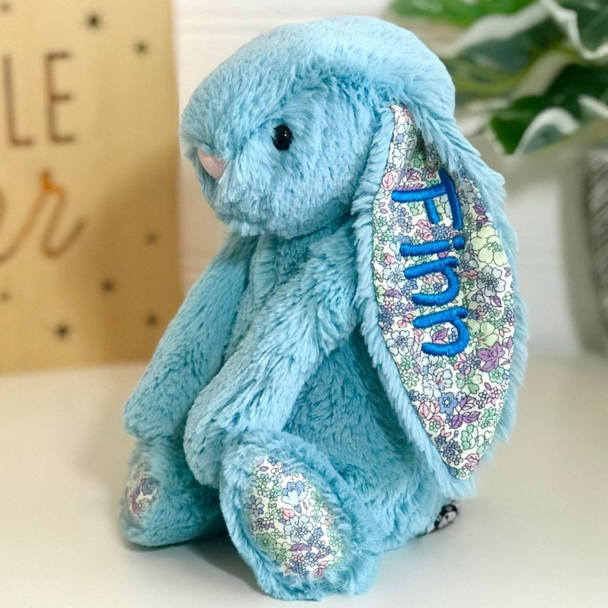 personalised bunny australia,  aqua blossom jellycat with blue name embroidered on ear