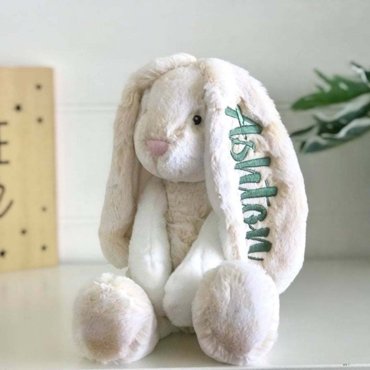 Personalised Frankie Bunny Cream Large with sage name on ear