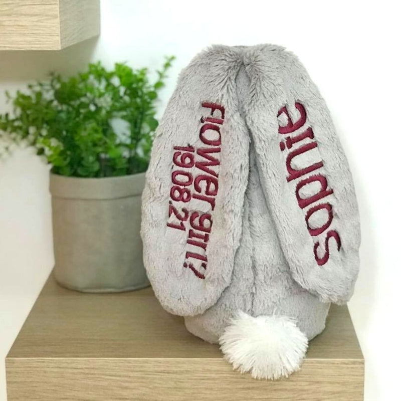 Personalised Frankie Bunny, large grey Korimco bunny with burgundy name on ear, flower girl keepsake, wedding gift,Eenie meenie Mine Australia