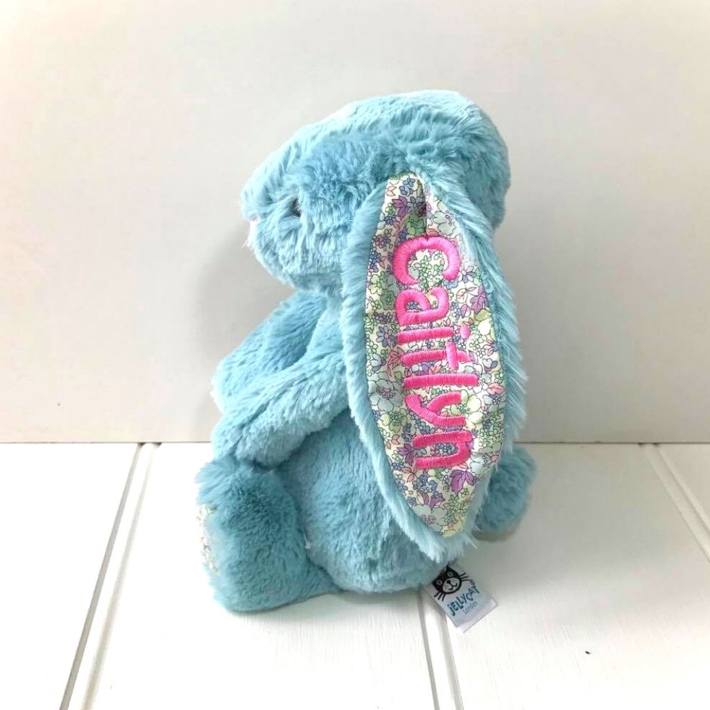 Personalised jellycat bunny aqua blossom blue with candy pink name on ear