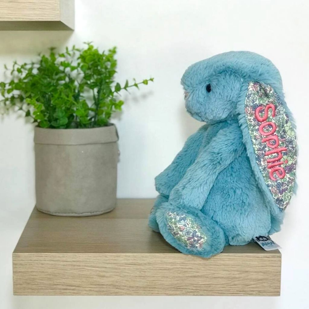 Personalised jellycat bunny aqua blossom blue with pink name on ear