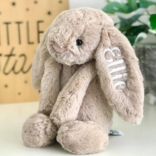 Personalised Jellycat Bashful Bunny Beige Australia, embroidered with white name on ear